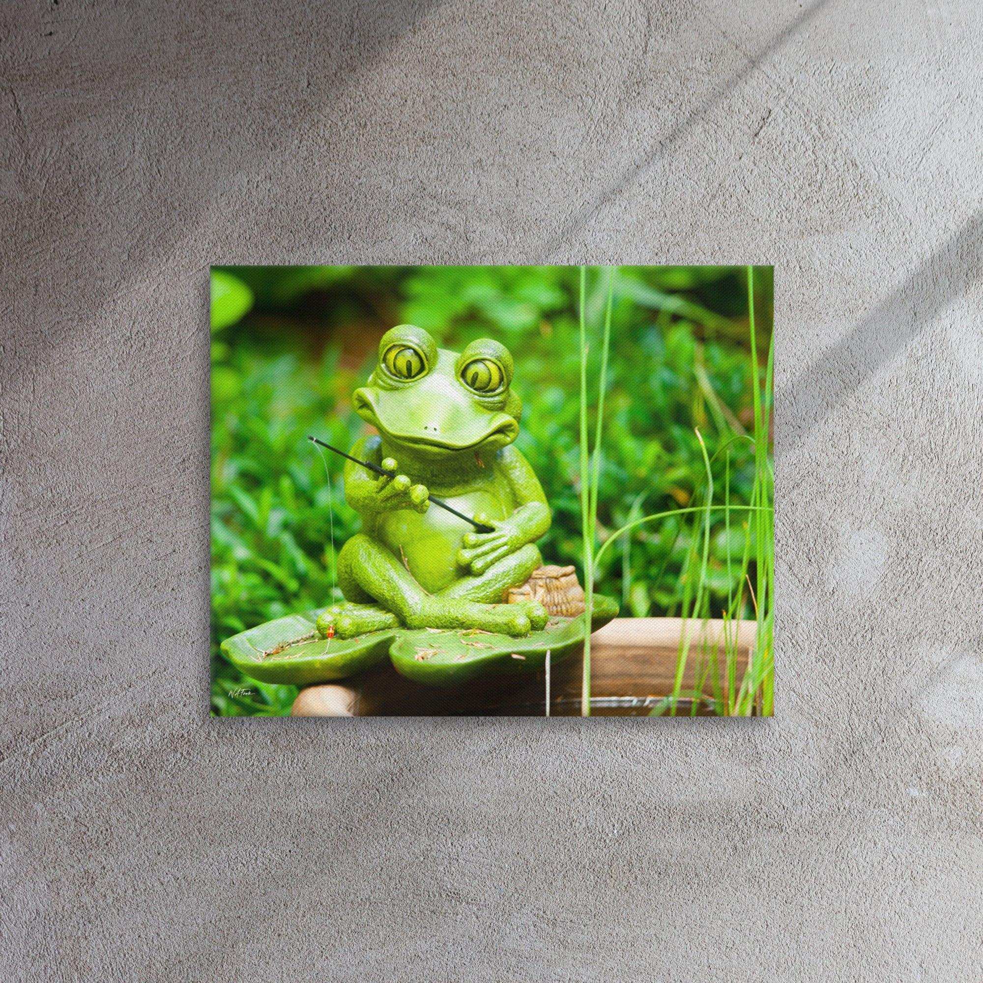 A cheerful frog holding a fishing rod by the lake, enjoying a relaxing day of fishing in nature