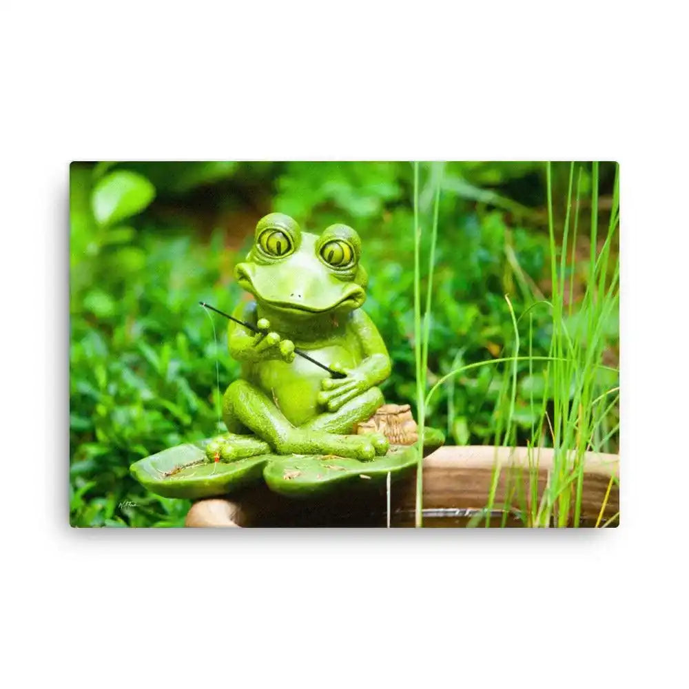A cheerful frog holding a fishing rod by the lake, enjoying a relaxing day of fishing in nature