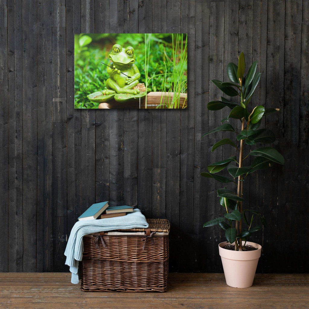 A cheerful frog holding a fishing rod by the lake, enjoying a relaxing day of fishing in nature