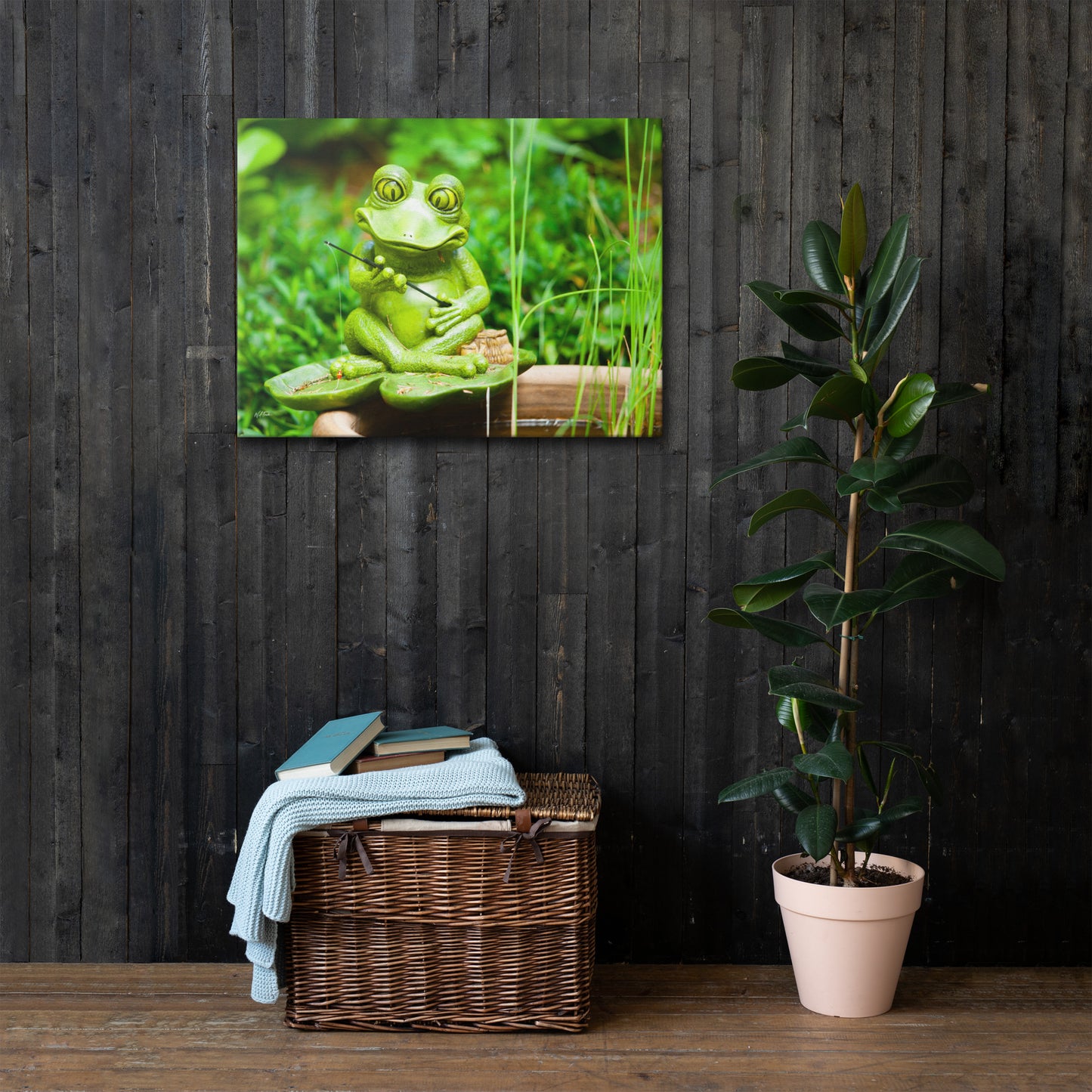 The Patient Angler – Whimsical Fishing Frog Canvas Art