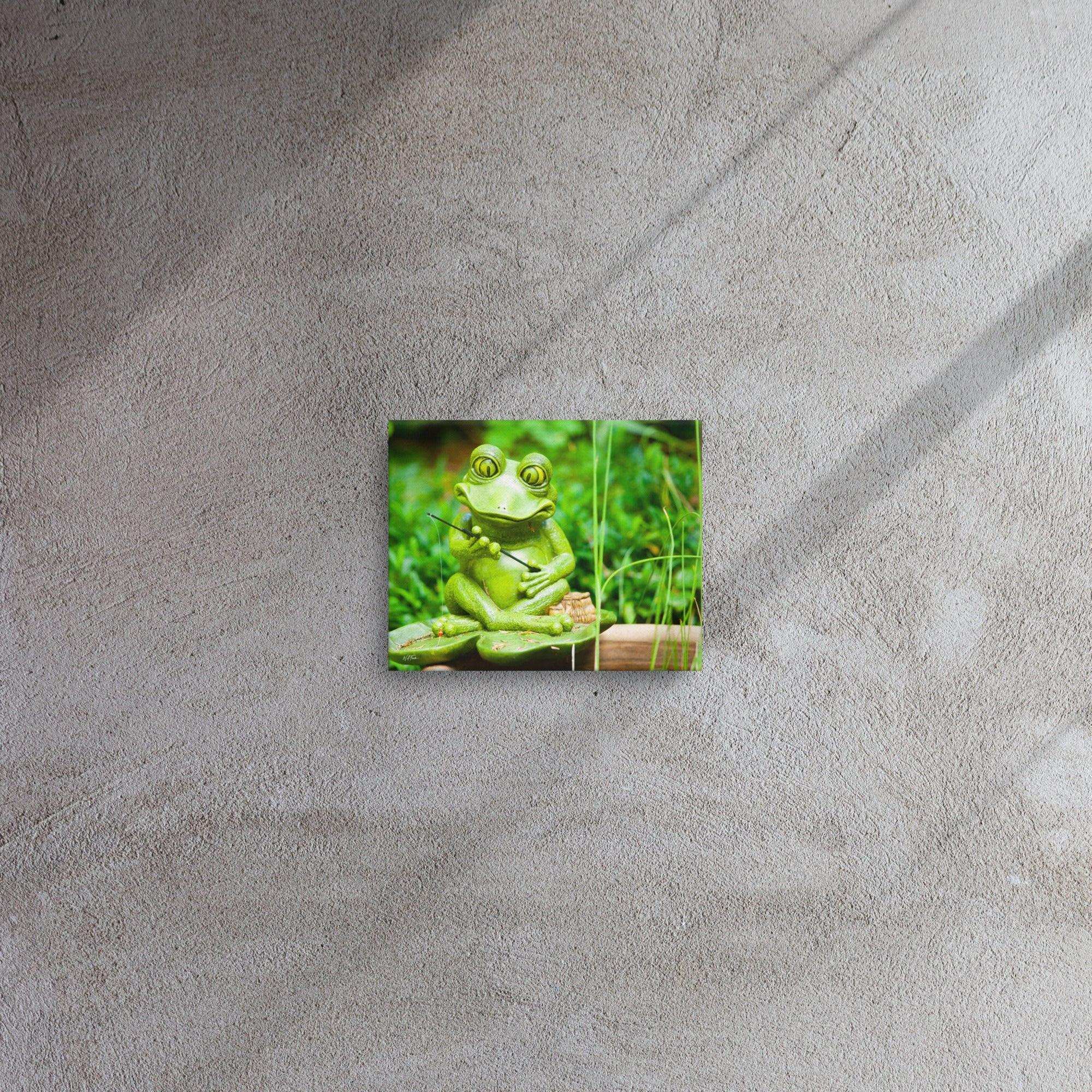 A cheerful frog holding a fishing rod by the lake, enjoying a relaxing day of fishing in nature