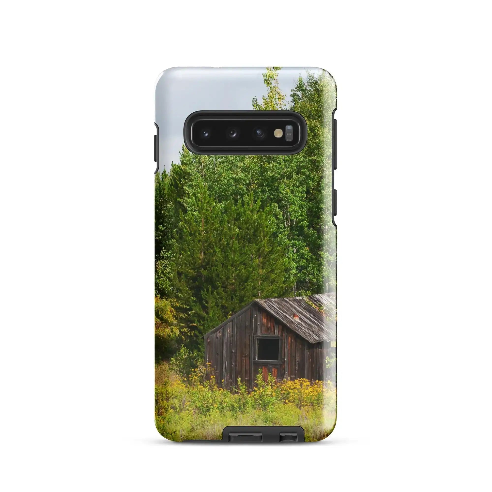 Glossy Samsung Galaxy S10 case with rustic cabin and forest photo, Bill's Photo Shop