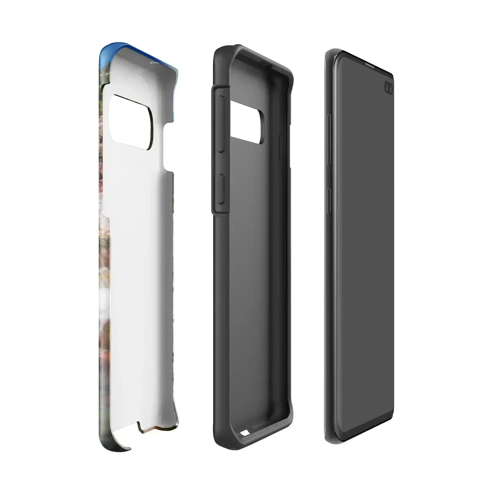 Glossy tough case for Samsung Galaxy S10 in three pieces, showing cutouts and design