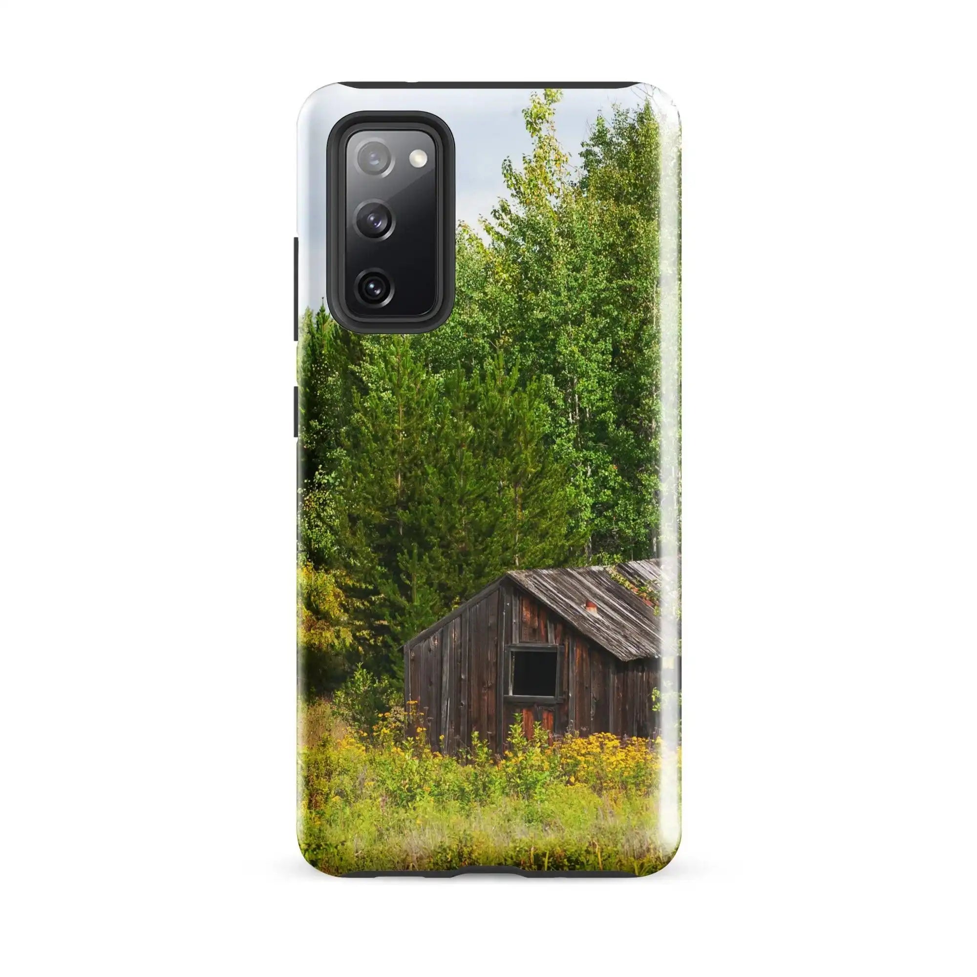 Samsung Galaxy S20 FE case with rustic cabin and forest photography design