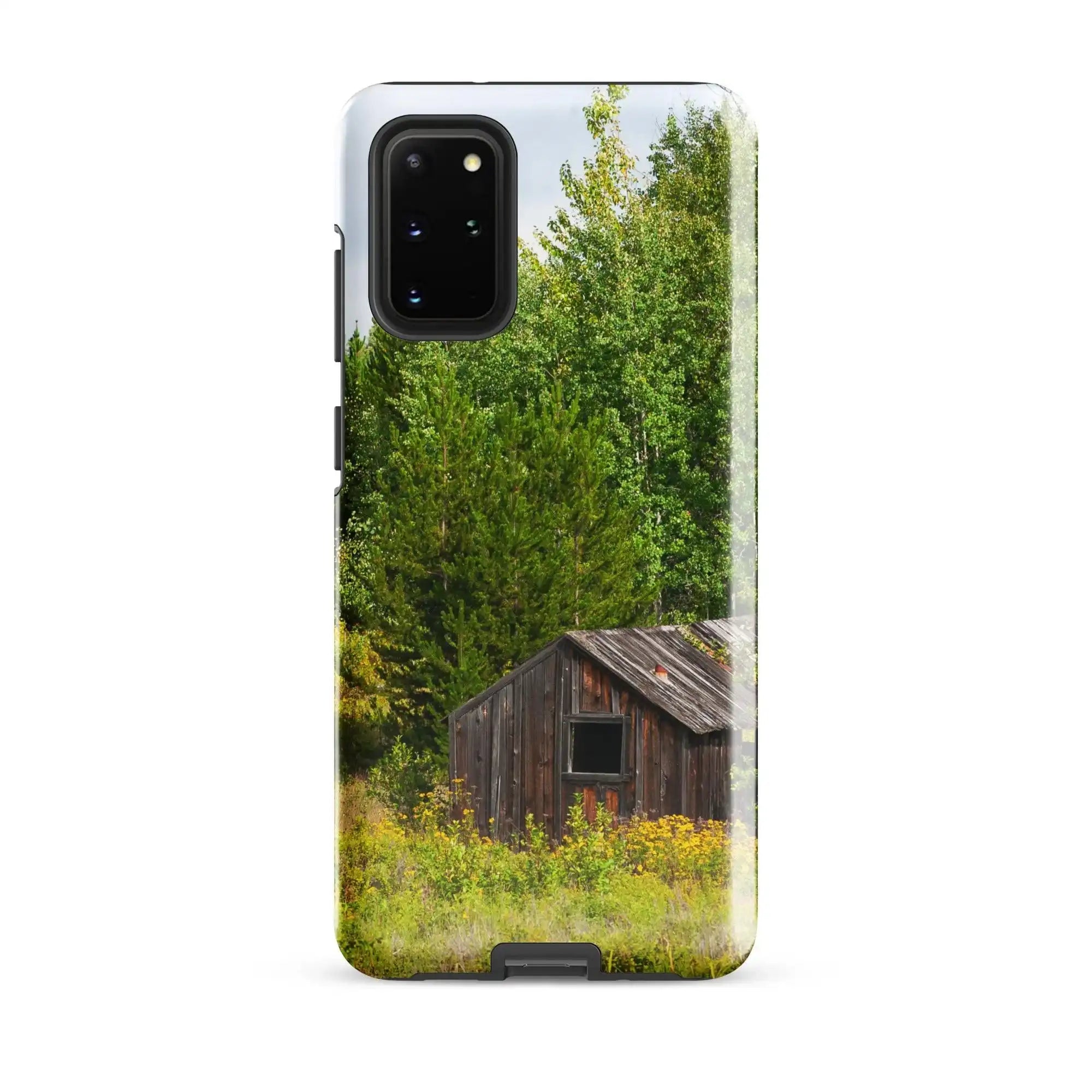 Glossy Samsung Galaxy S20 Plus case with rustic cabin and green forest photography design