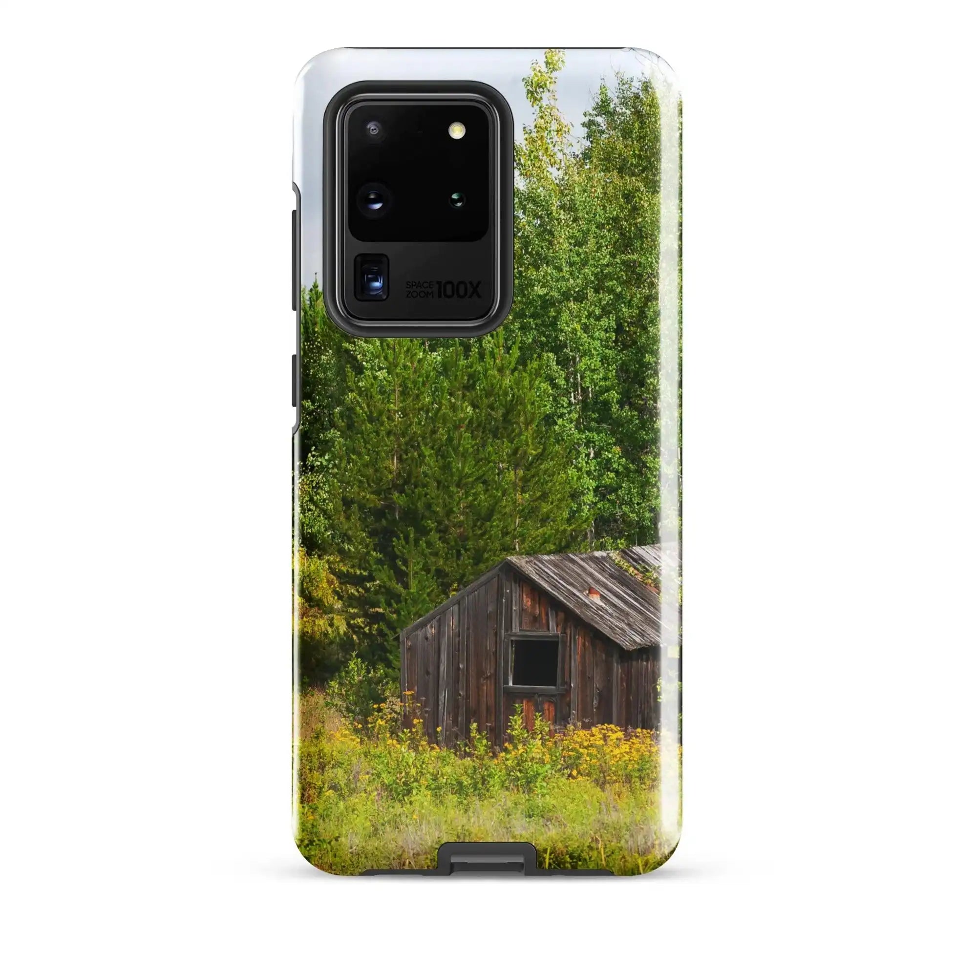 Samsung Galaxy S20 Ultra case with rustic cabin and forest photography design