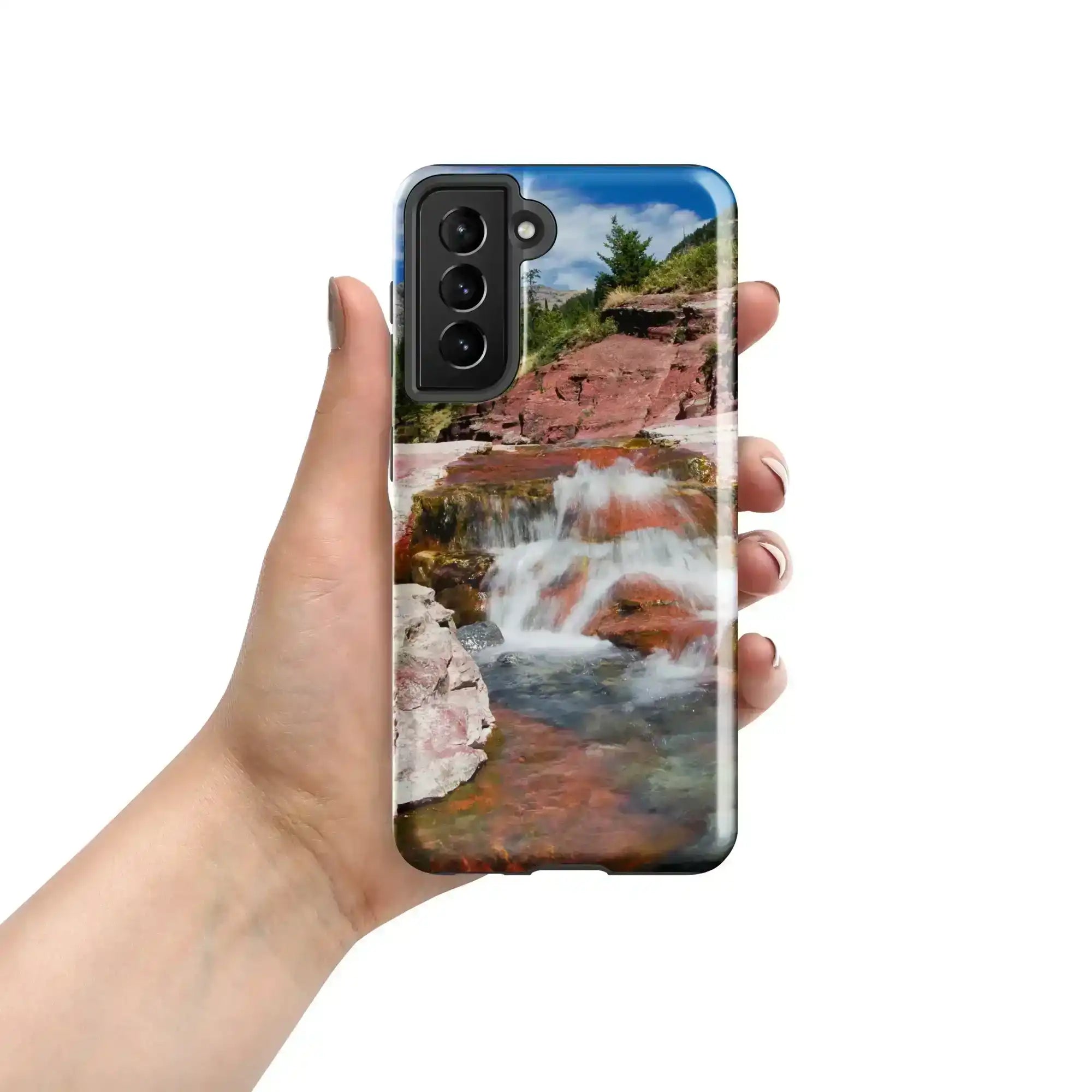 Samsung Galaxy S21 FE case with waterfall landscape photography design, held in hand