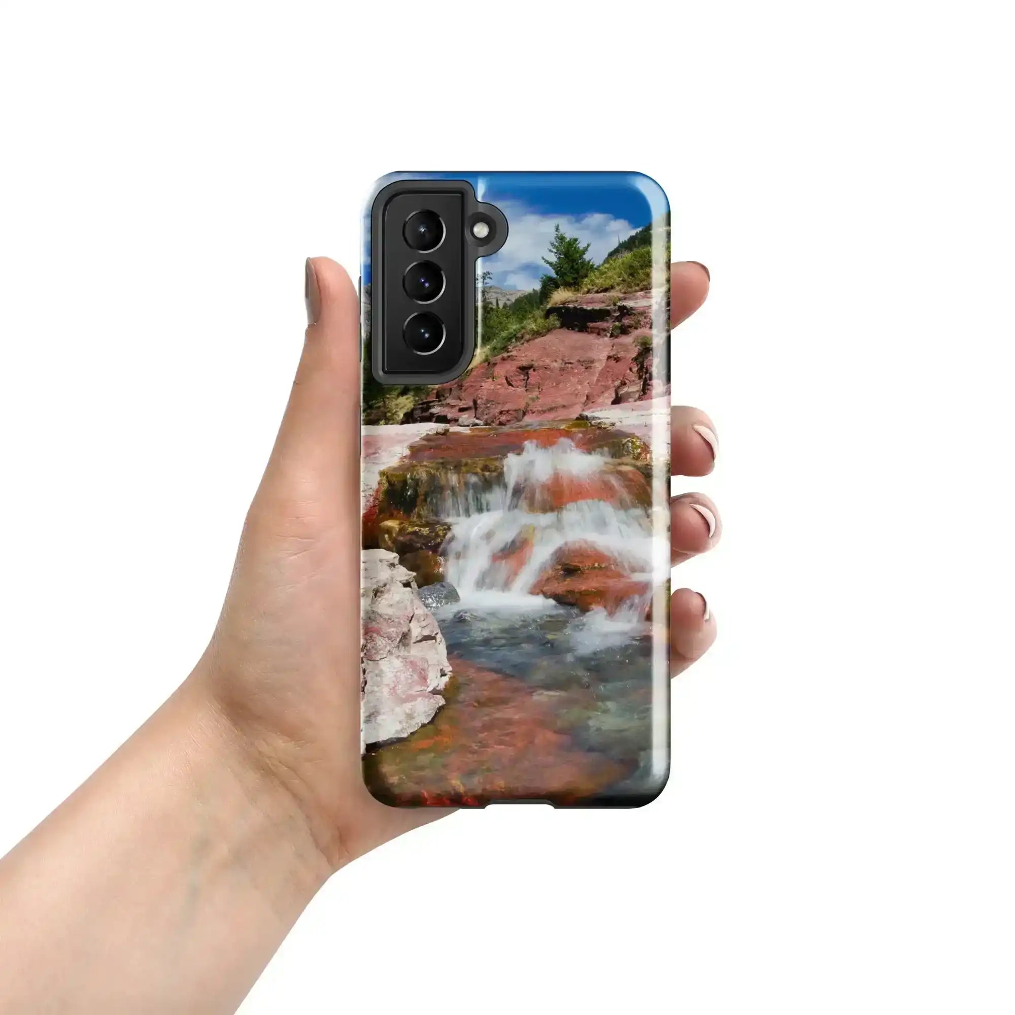 Glossy Samsung Galaxy S21 phone case with a vibrant waterfall landscape photo