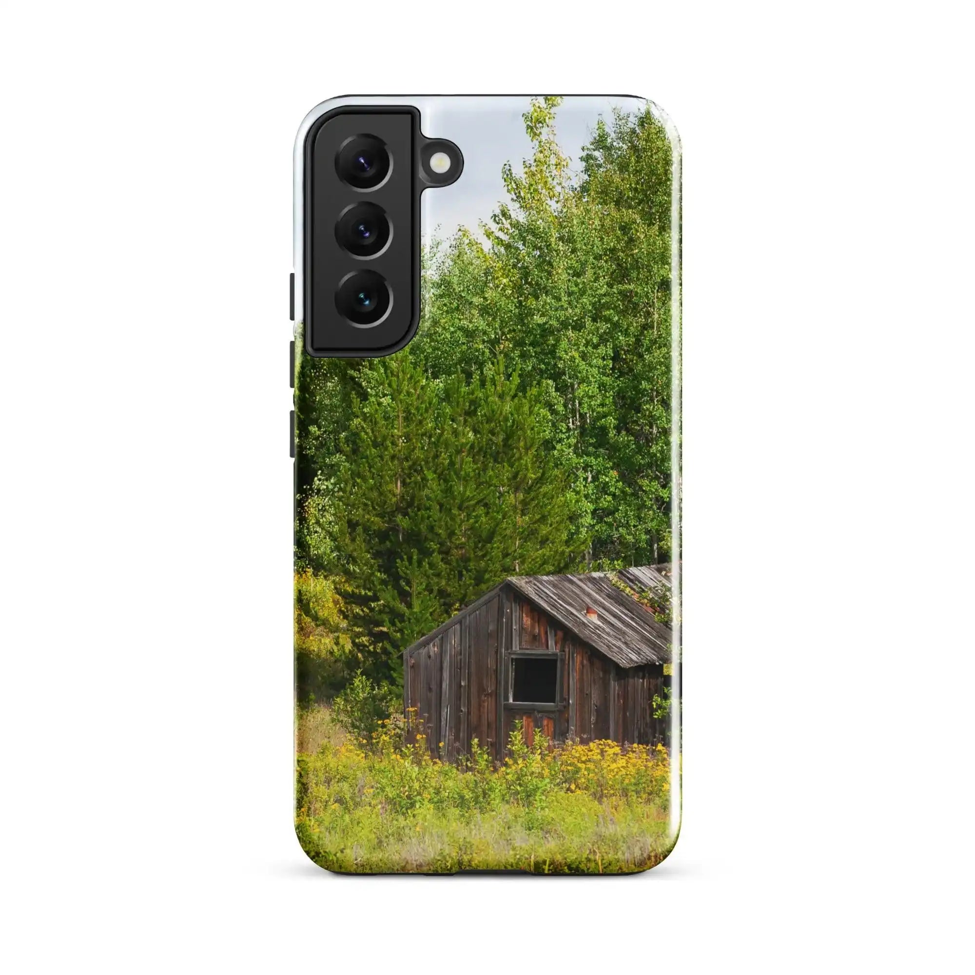 Glossy Samsung Galaxy S22 Plus case with rustic cabin and forest print from Bill's Photo Shop