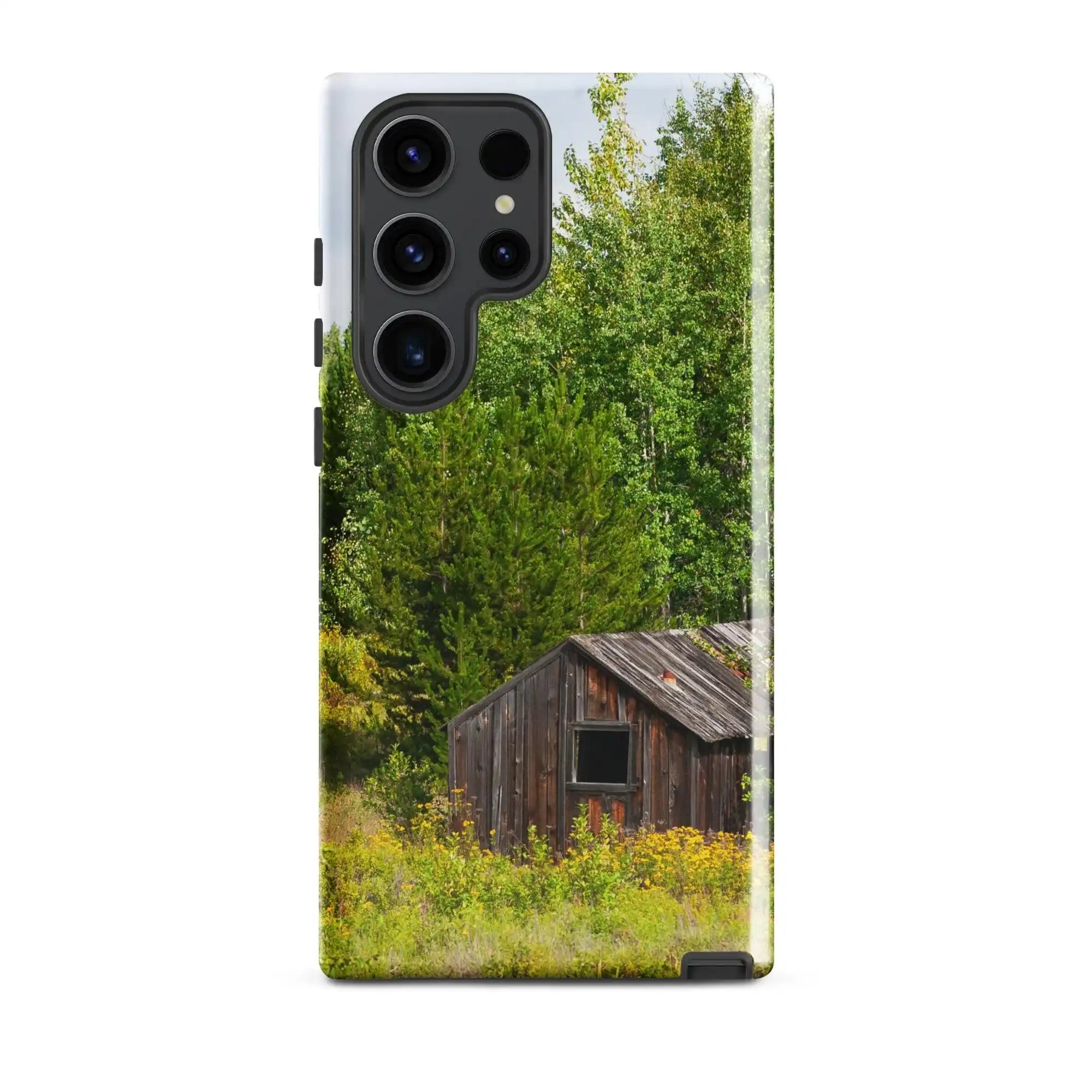 Samsung Galaxy S23 Ultra case with rustic wooden cabin and green forest photo print