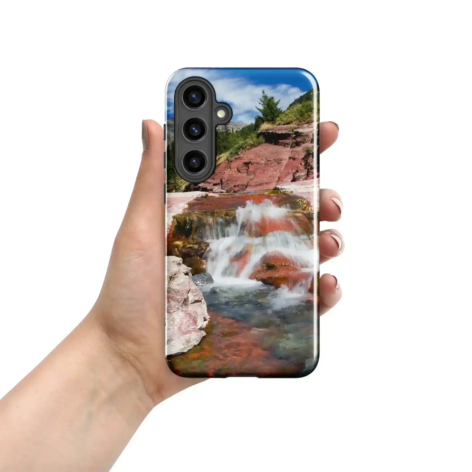 Glossy Samsung Galaxy S24 Plus case with red rock waterfall landscape design