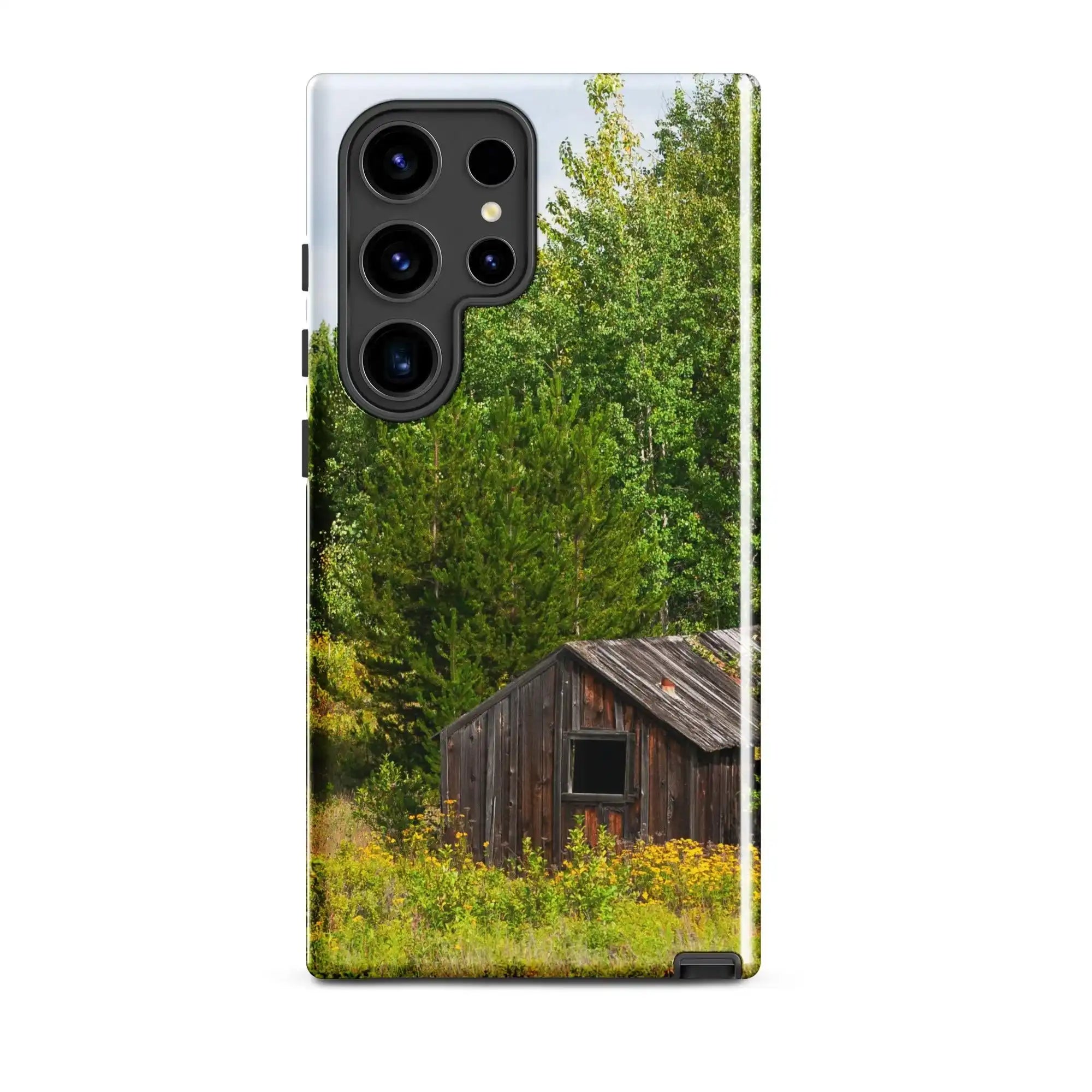 Samsung Galaxy S24 Ultra case with rustic cabin and wildflowers, Bill's Photo Shop.