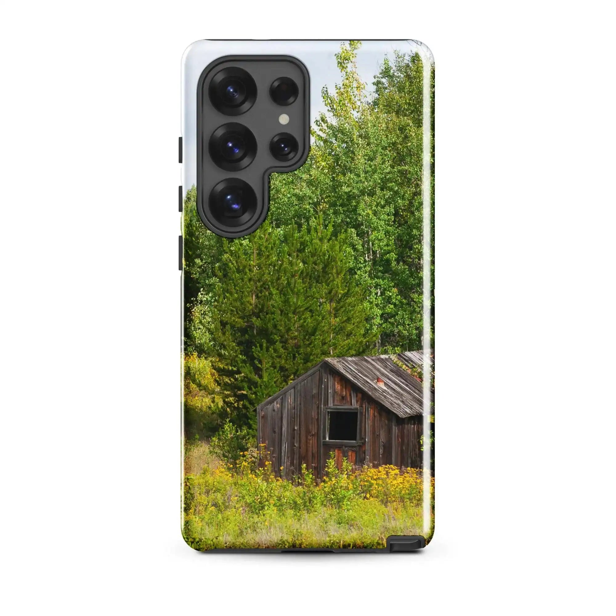 Glossy Samsung Galaxy S25 Ultra case with rustic cabin and forest photography, Bill's Photo Shop